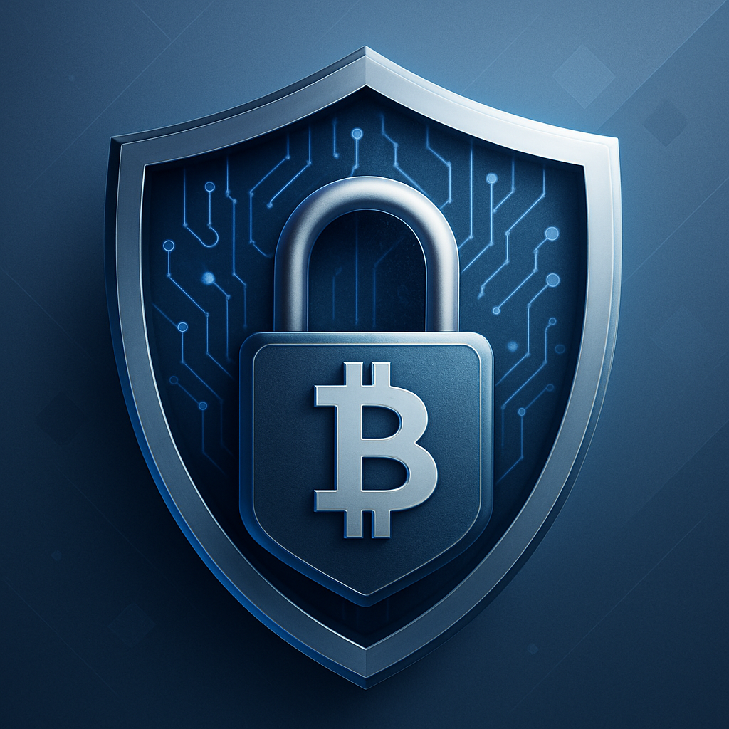 A graphic of a shield and a lock, symbolizing cryptocurrency security and protection of digital assets.